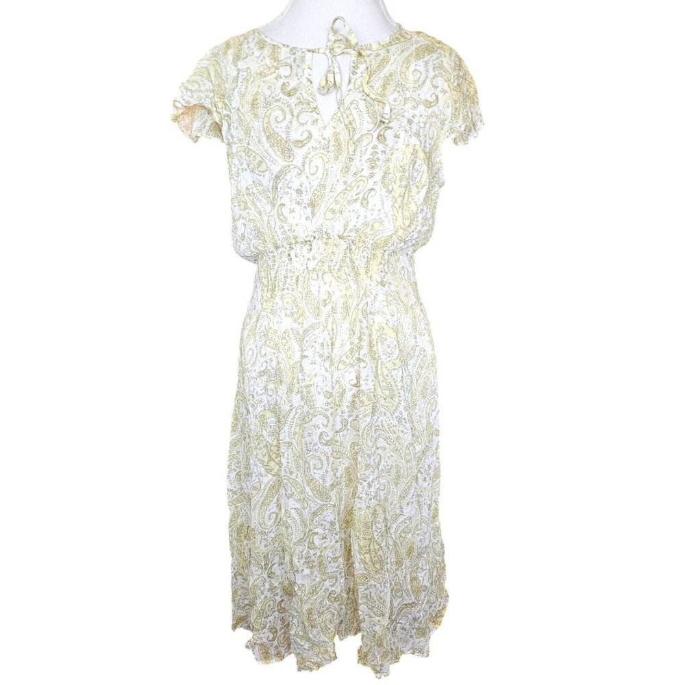 Lucky Brand L‎ Summer Sundress Smocked Midi White Yellow Paisley Slip Lined NWT